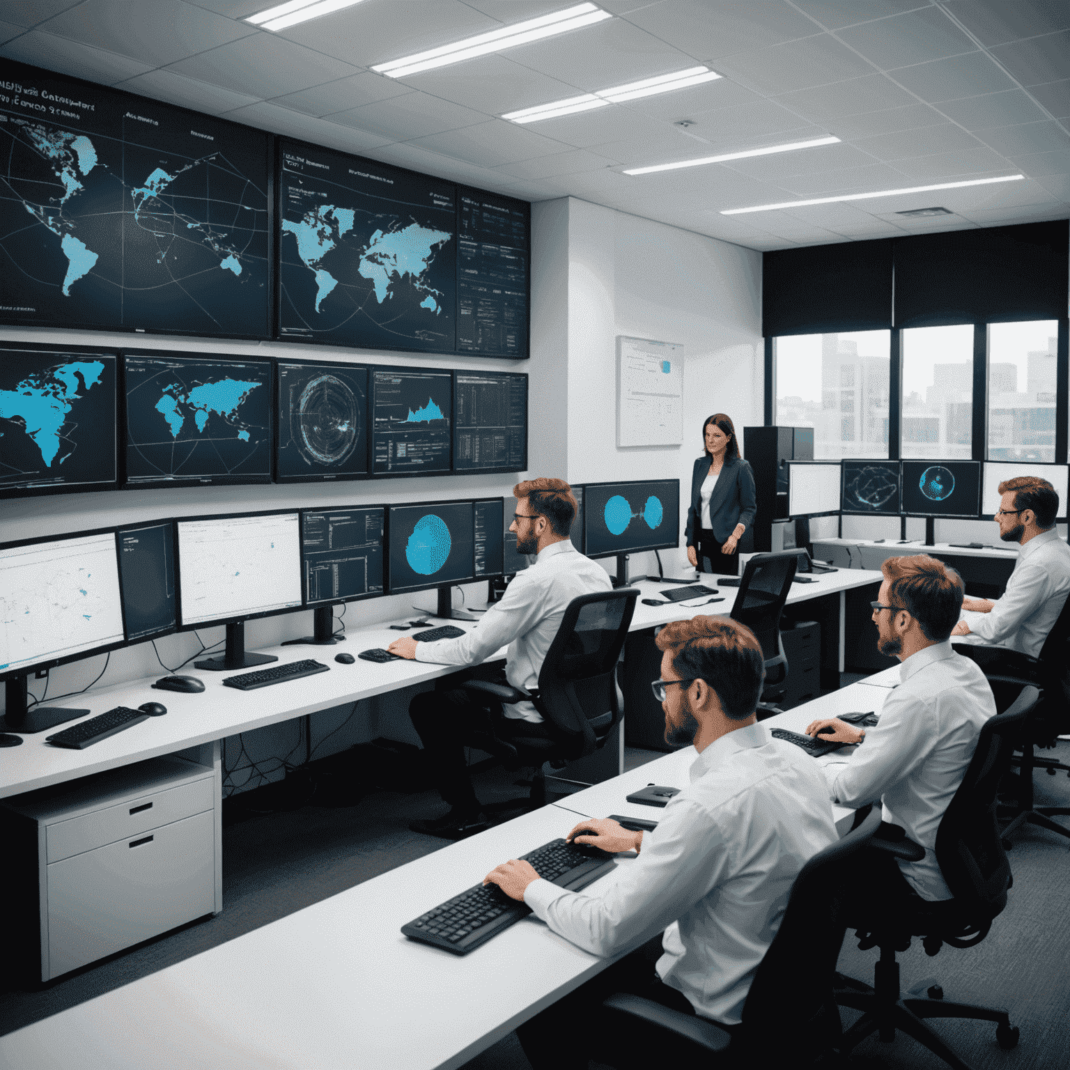 L'équipe d'Advanced IP Scanner au travail dans un environnement de bureau moderne et high-tech, avec des écrans affichant des analyses de réseau complexes