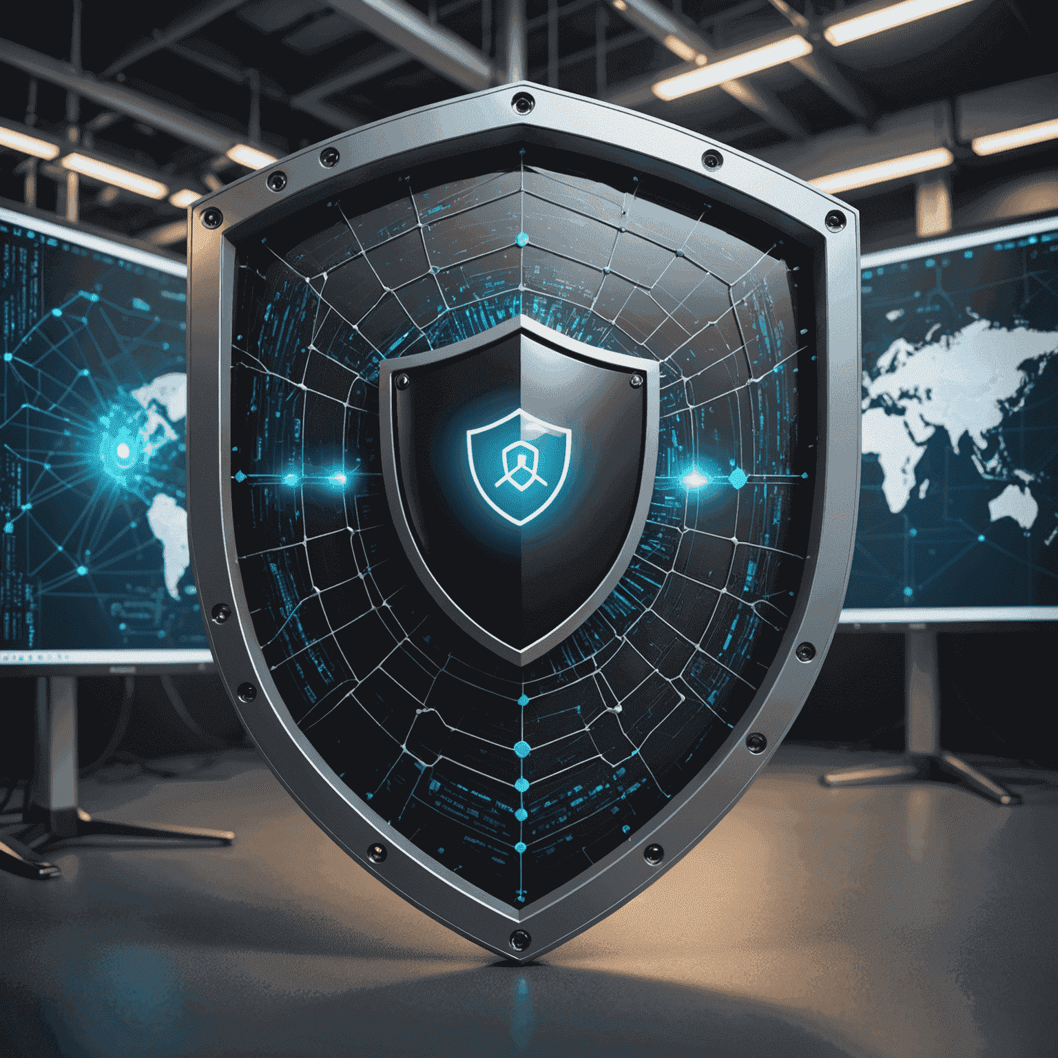 Image montrant un bouclier de protection sur un fond de réseau, symbolisant la sécurité réseau renforcée par Advanced IP Scanner